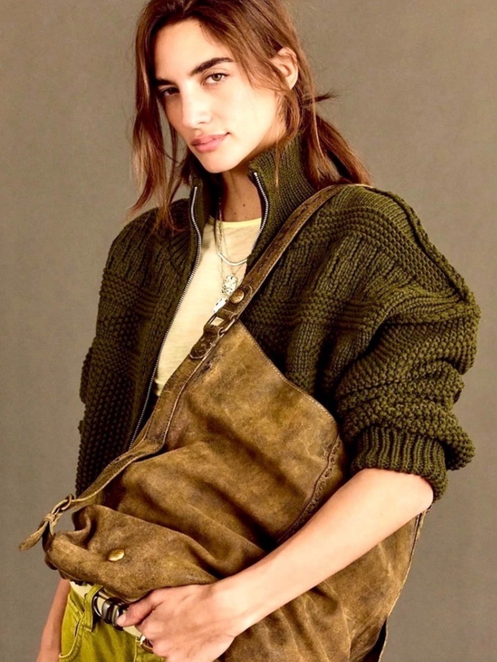 Free People We The Free Distressed Khaki Sandblast Suede Shoulder Bag Bucket - Picture 8 of 13
